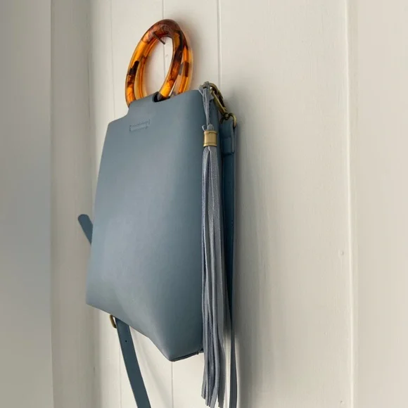 Anthropologie Blue Bag with Tortoise Handle & Fringe - Picture 4 of 11